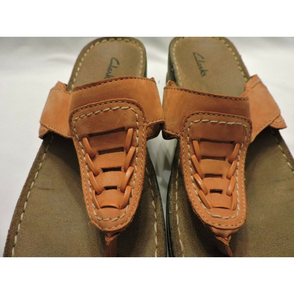 Clarks Solid Sandals Orange Thong Wedges Flip Flops Leather Slip On Shoes 9M - Picture 2 of 4